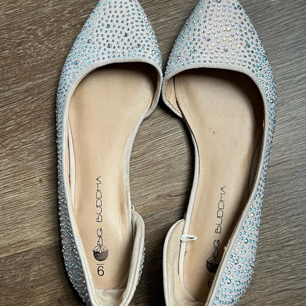 Big Buddha Silver Flats with Sparkly Rhinestones and Pointed Toe Design